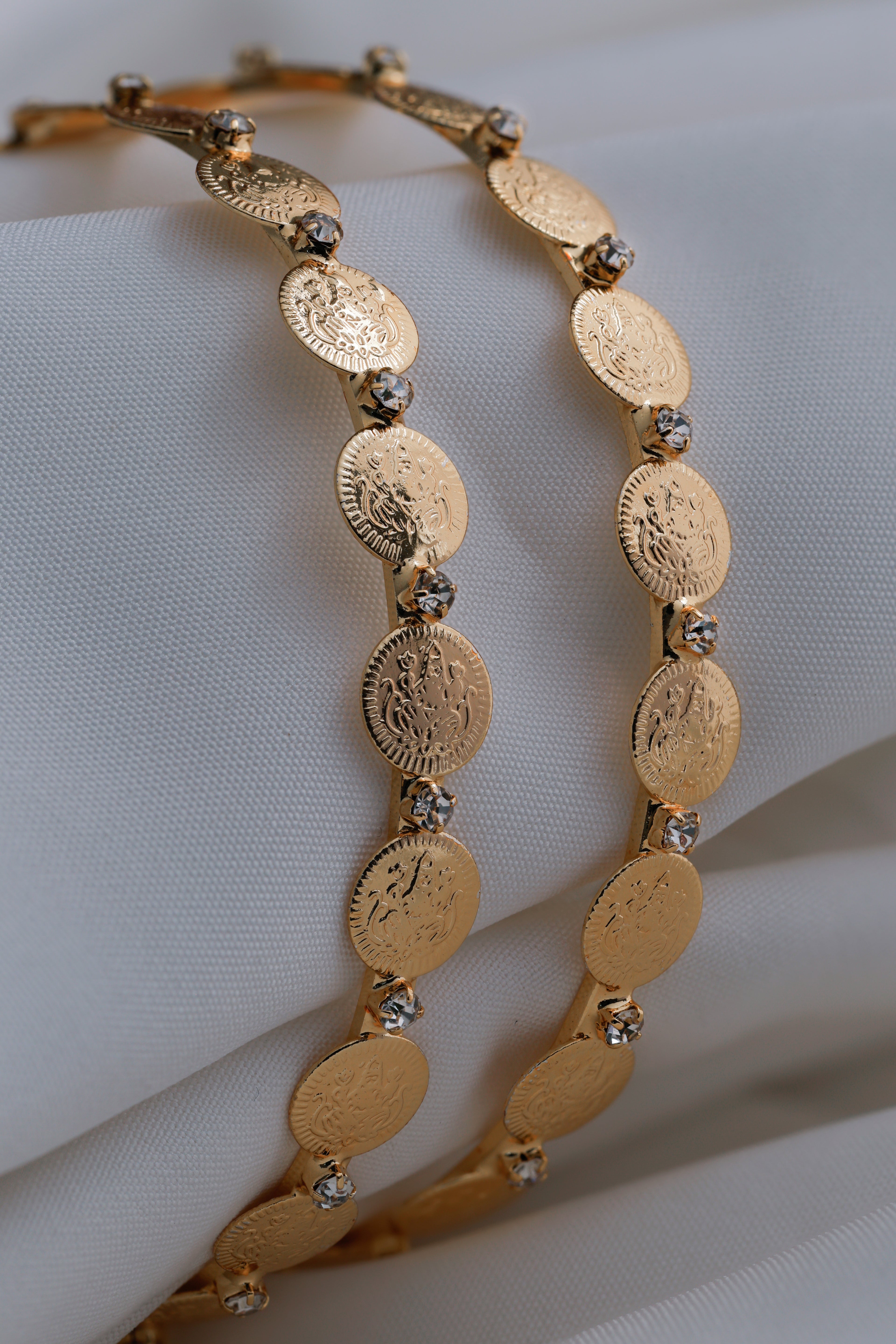 Divine Lakshmi Coin Gold-Plated Bangles with White Stones ( Set of 2)